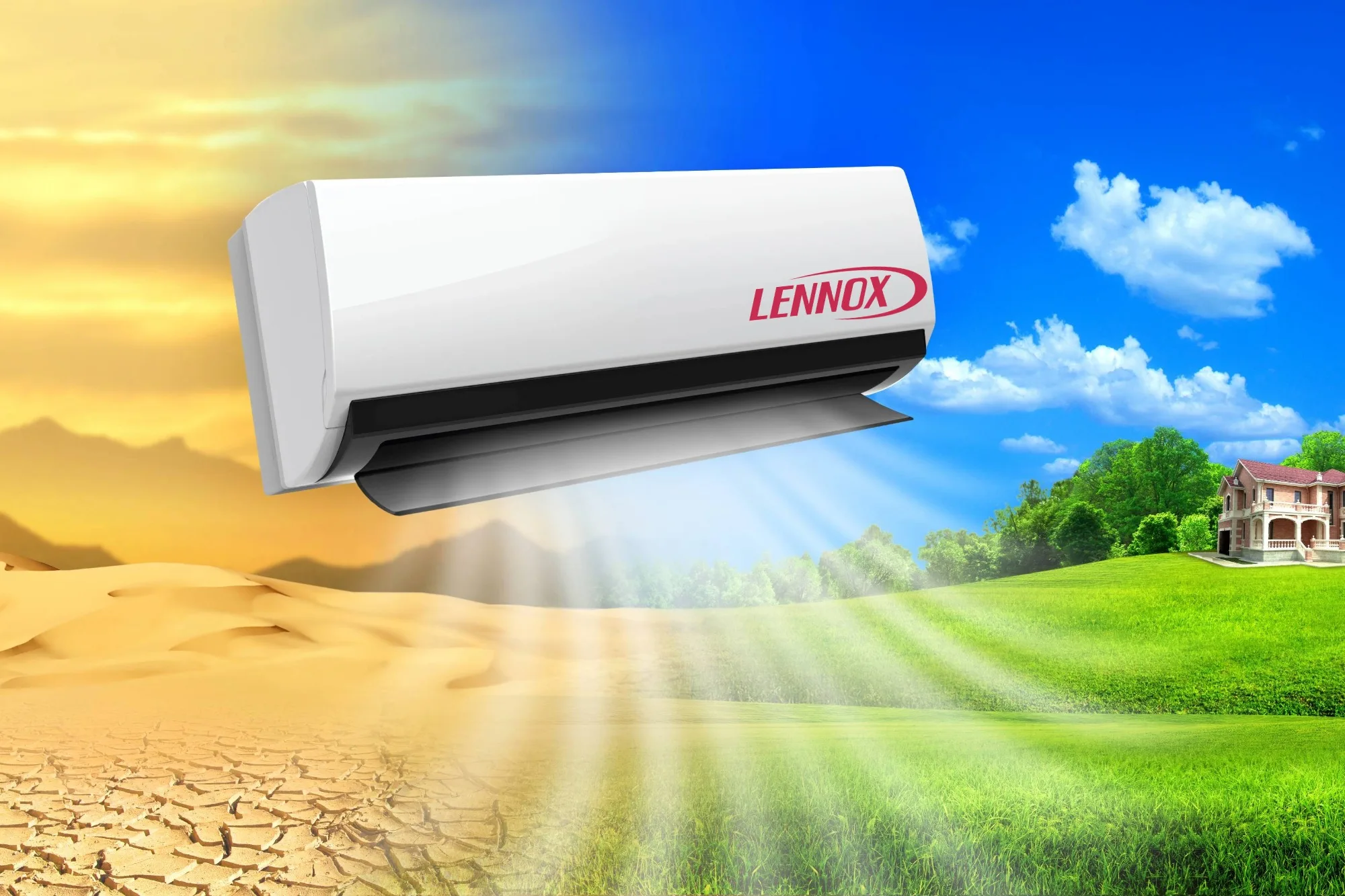 Lennox mini-split heat pump providing cooling and comfort from extreme desert heat to a green landscape